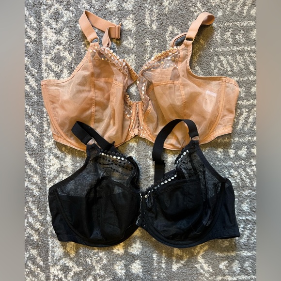 2 bras size 42 H Black and Tan Sheer Bras with Embellishments - Picture 1 of 3